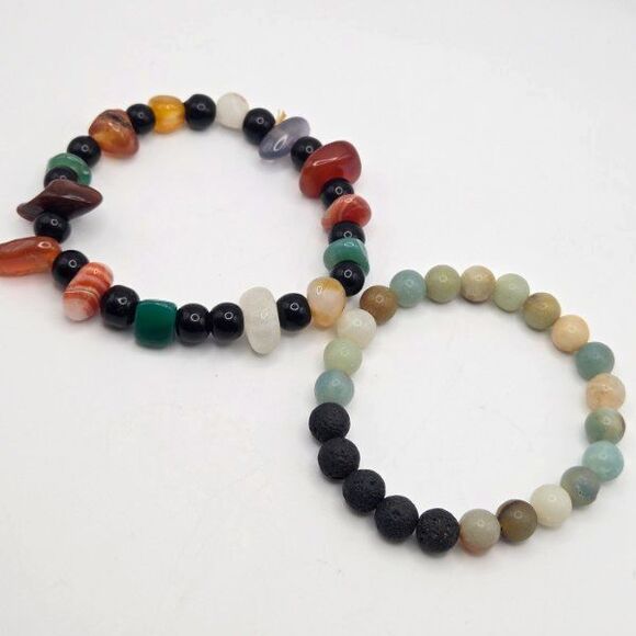 Two Handmade Natural‎ Stone Variety Multicolor Beaded Stretch Bracelets - Picture 4 of 4